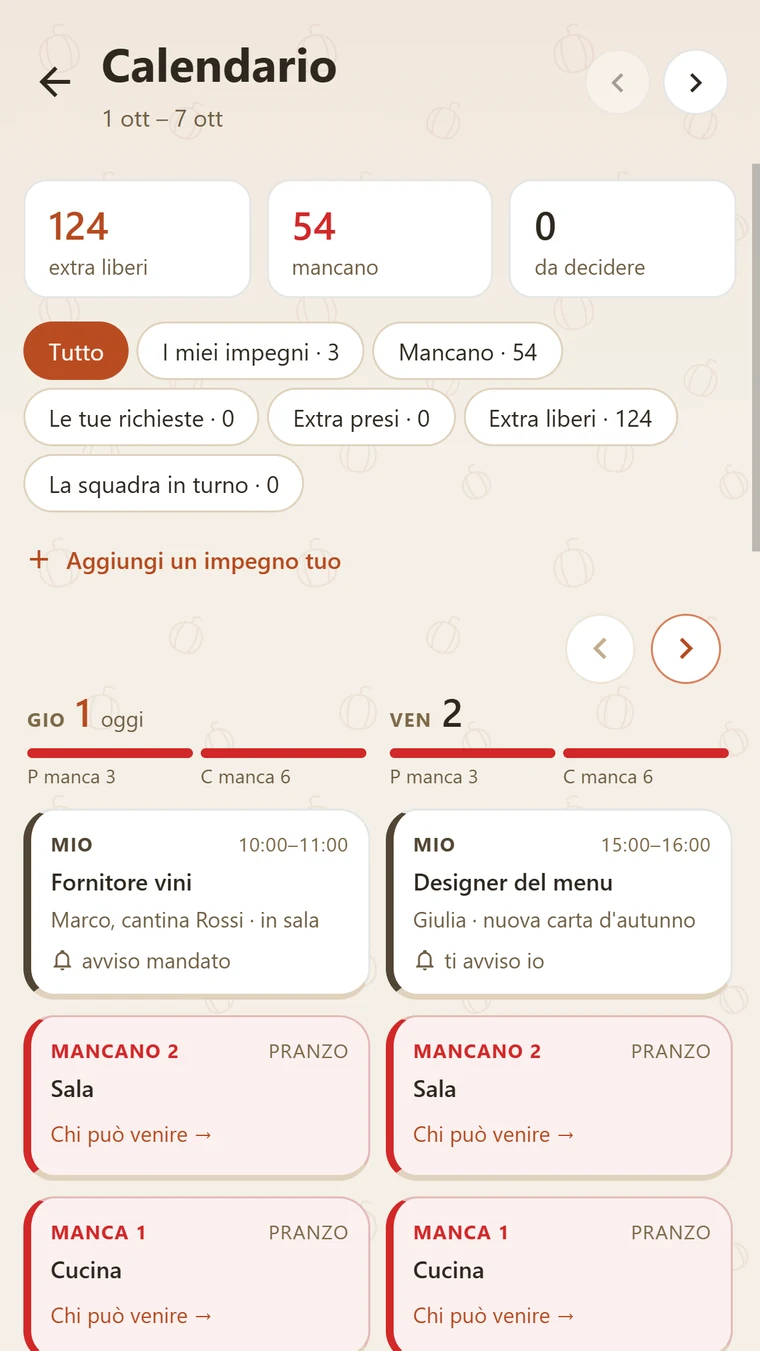 Calendario del locale con turni ed extra