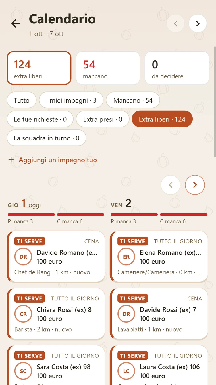 Calendario con il filtro degli extra liberi