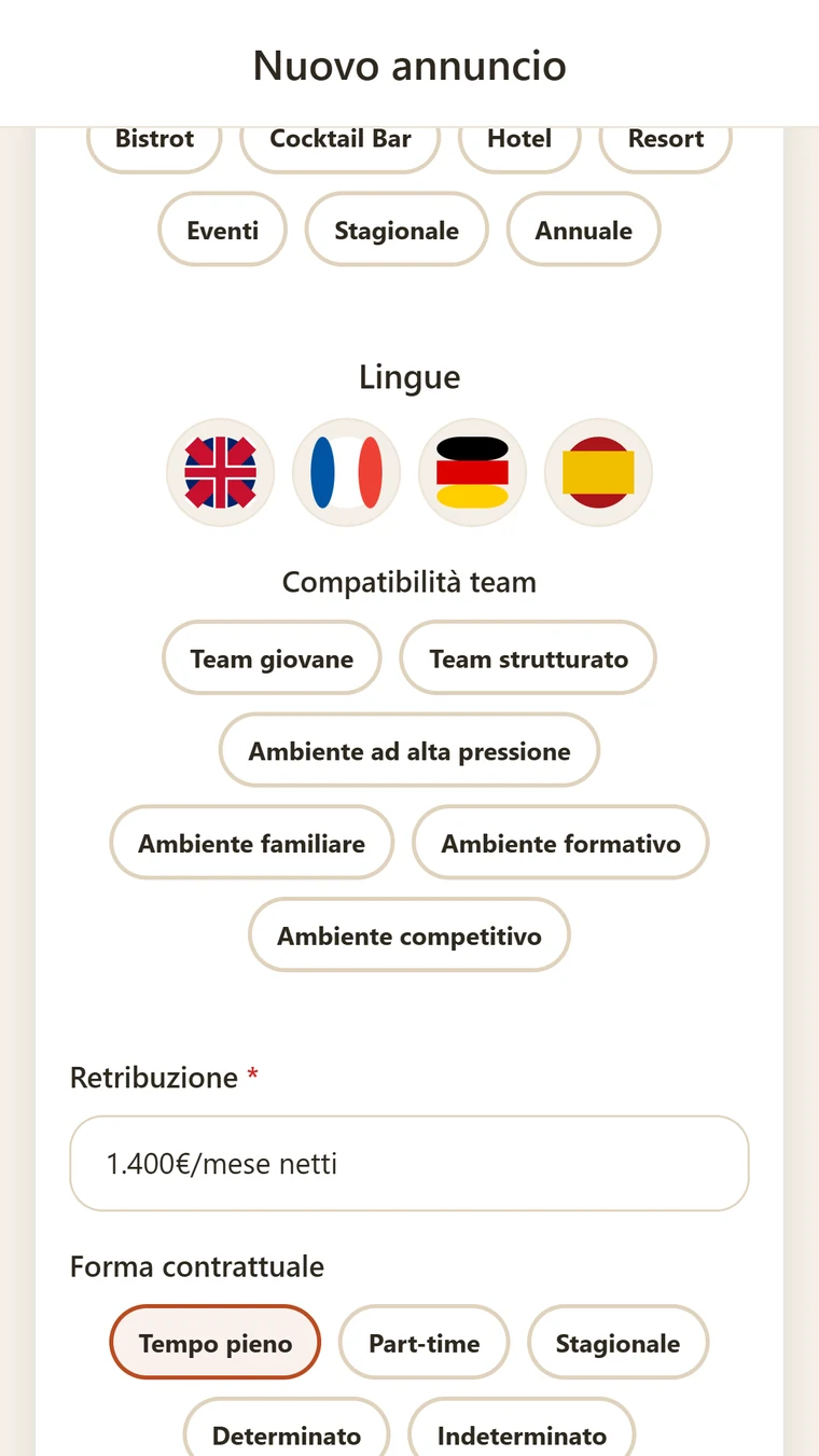 Nuovo annuncio: lingue, affinità di squadra, retribuzione