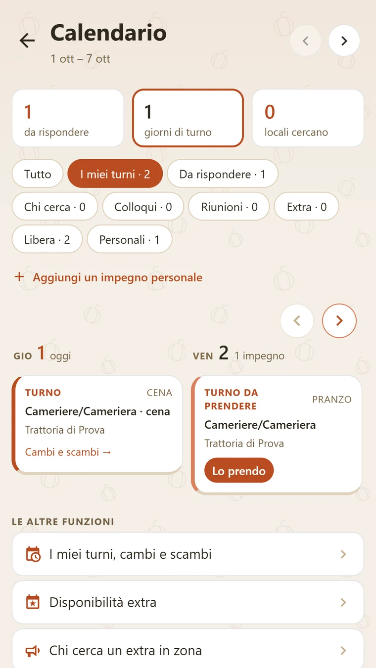 Calendario del professionista con i suoi turni